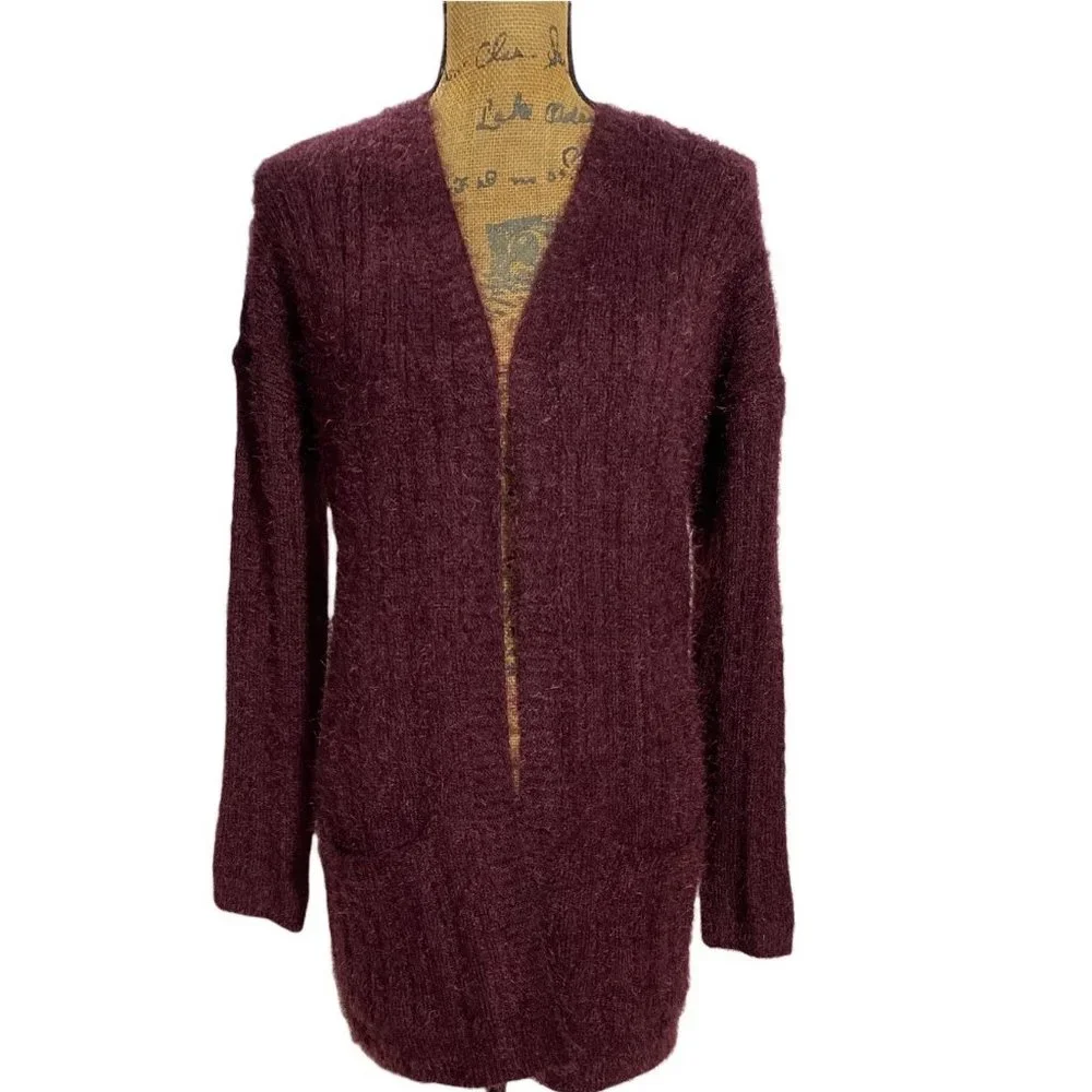 SO M Womens Cardigan Sweater NWT Burgundy Red‎ Pockets Soft Fury Fabric Long Sl